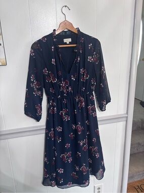 LOFT Navy Floral Tie-Neck Midi Dress